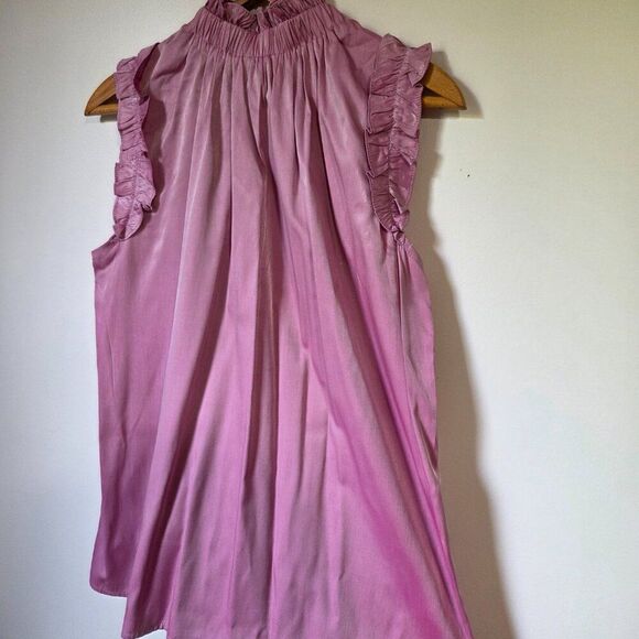 EUC DOE & RAE PINK IRIDESCENT LOOK MOCK NECK SHIRRED SLEEVELESS TOP SIZE L - Picture 4 of 16